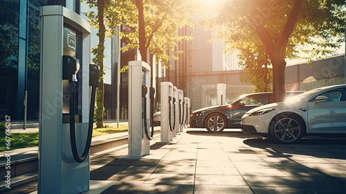 Modern fast electric vehicle chargers for charging car in park, photo