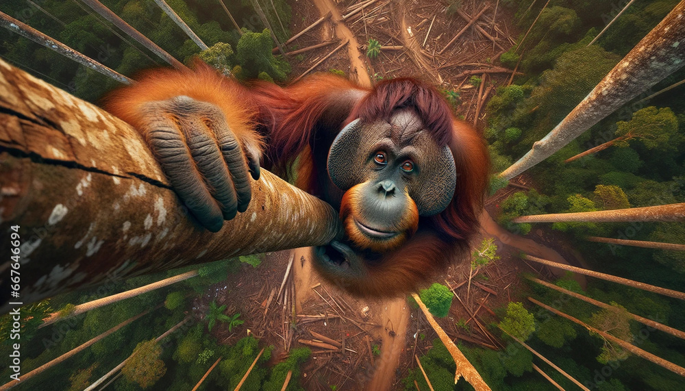 Obraz premium Frail Grip: Orangutans in Deforested Desolation