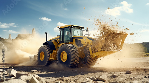 Powerful wheel loader or bulldozer isolated on sky background. Loader pours crushed stone or gravel from the bucket. 