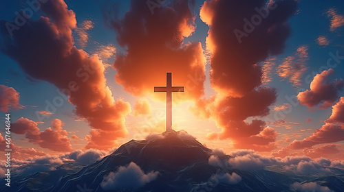 Christian Cross Appears Bright in the Red Cloudy Sky Background