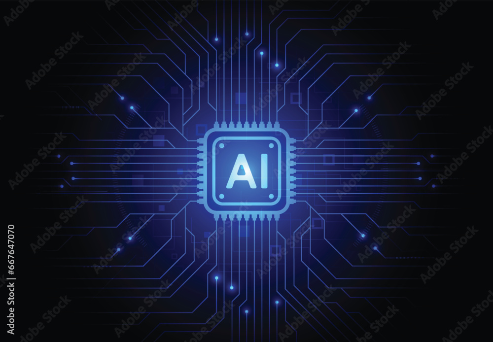 Fototapeta premium Artificial intelligence chipset on circuit board in futuristic concept technology artwork for web, banner, card, cover. Vector illustration