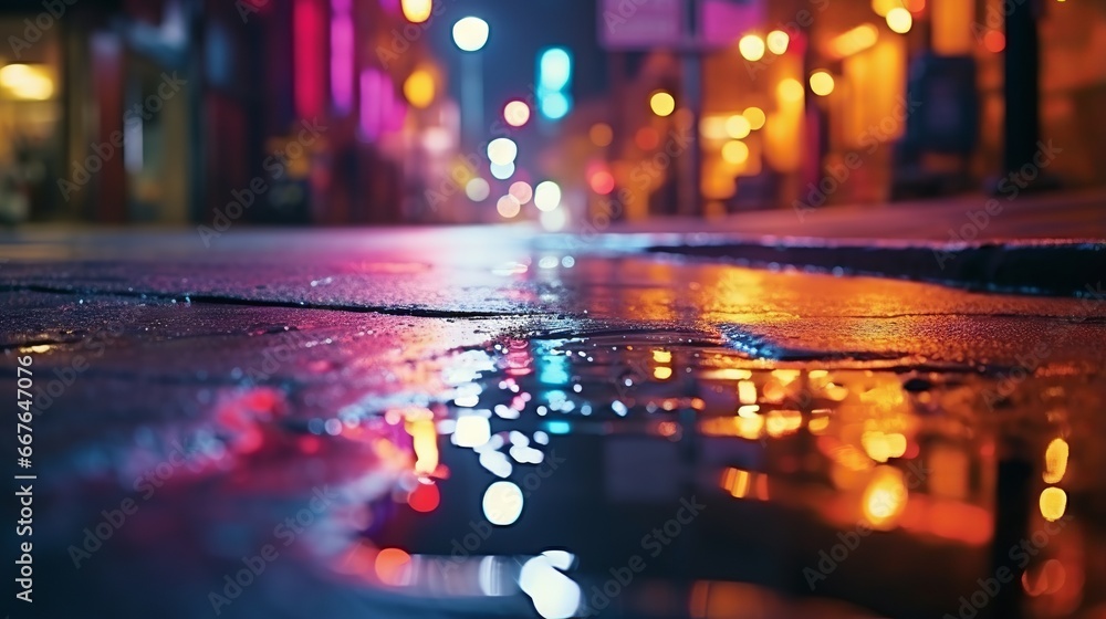 Neon lights and water reflections in a dark city street - abstract night background with blurred bokeh effect