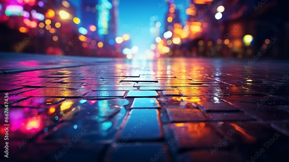Neon lights and reflections in a dark city street - abstract night background with blurred bokeh