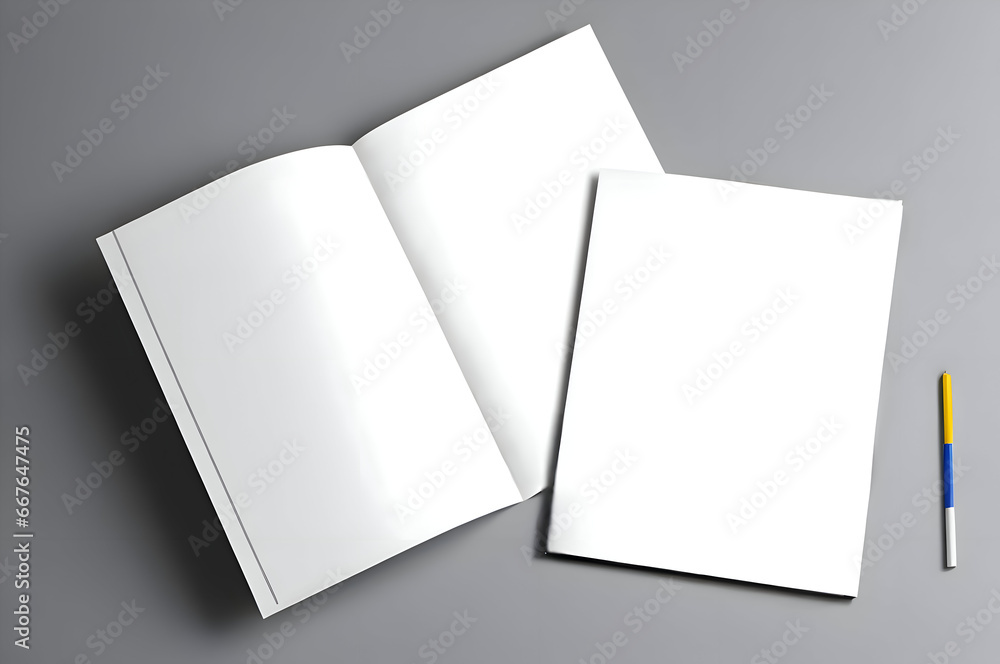 Open and closed blank brochures on grey background, top view. Mock up for design Open and closed blank brochures on grey background, top view. Mock up for design