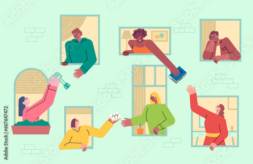 Cartoon Color Characters People Neighbors Sharing Things and Helping Each Other Concept Flat Design Style. Vector illustration