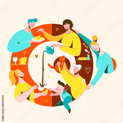Happy family, warm comfort home vector illustration, cat and baby, happy people eating dinner or breackfast, care, relax, cookies and coffee, nice family vacation, in circle