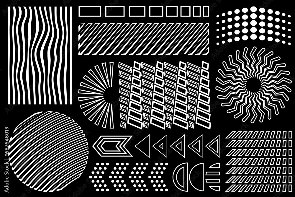 Black and white geometric textures and design elements. Memphis set 90's abstract minimalistic geometric shapes, forms and textures.