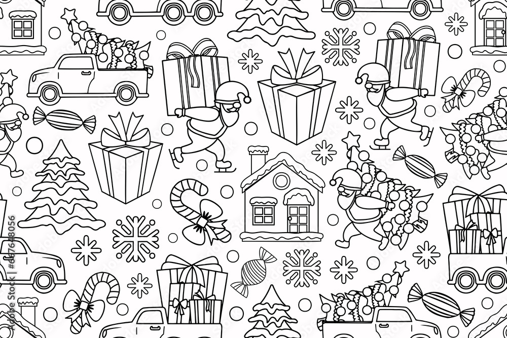 Seamless line art Christmas pattern with Santa, cars carrying gifts and decorated Christmas trees, presents, snow covered houses and firs. 