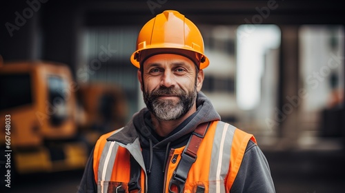 Portrait of a skilled construction professional wearing safety gear and holding a blueprint on a building site