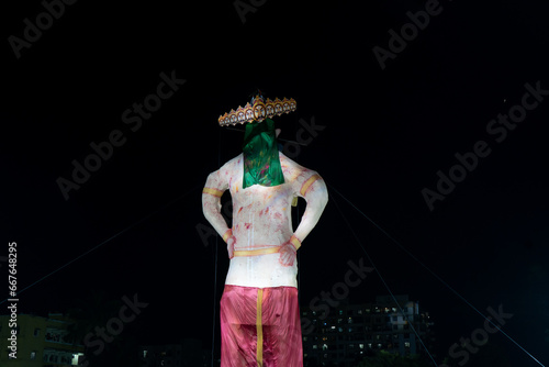 statue of ravan, ravan dahan, Hindu religious people burn statue of ravan on Dussehra to mark victory over evil.  photo