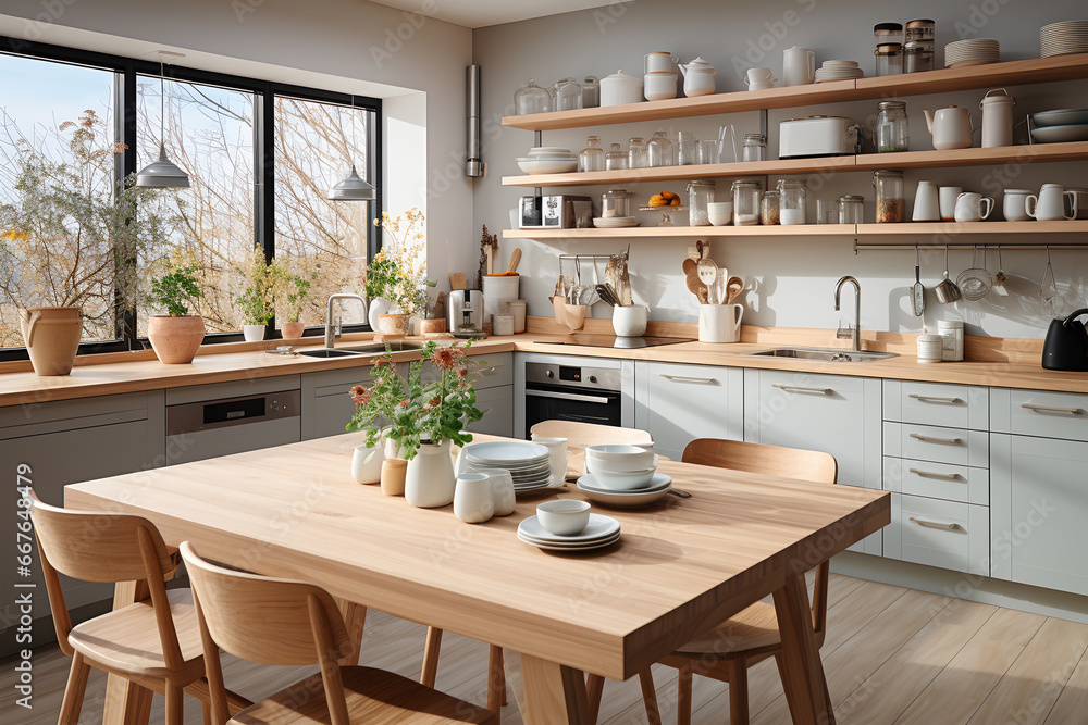 Scandinavian style interior design of modern kitchen. ia generated