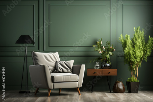 Green armchair in modern interior with vase. 3d render. ia generated