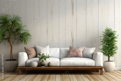Modern living room interior with mock up poster frame, sofa and plants. 3d render. ia generated © ImagineStock