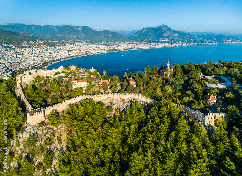Alanya Castle and Marina from a drone, Alanya, Turkish Riviera on Mediterranean Coast, Antalya, Turkey