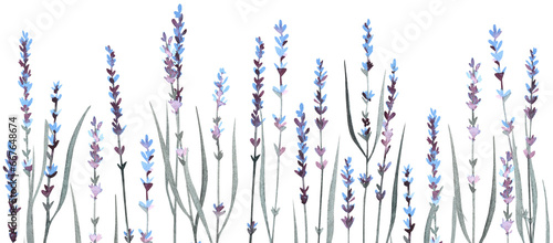 Seamless summer floral border of watercolor hand drawn elements, not AI. Delicate lavender branches isolated on a transparent background. For textile and cosmetic design.