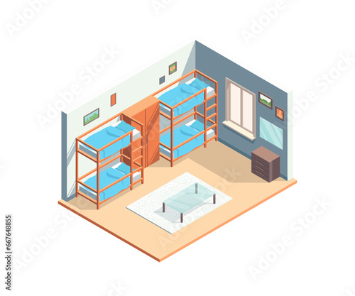 Color Hostel Room Interior Inside Concept Isometric View Element. Vector illustration of Living Apartment with Bunk Bed