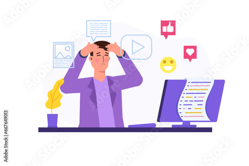 Info stress, Information overload, job burnout concept. Vector illustrations for banner, website, landing page, flyer.