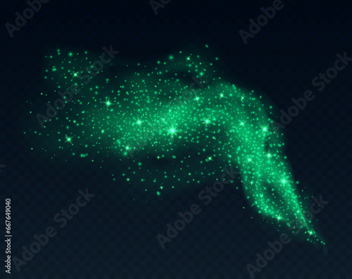 Green dust cloud with sparkles isolated on dark background. Stardust sparkling background. Glowing glitter smoke or splash. Vector illustration. Christmas or Halloween decoration.