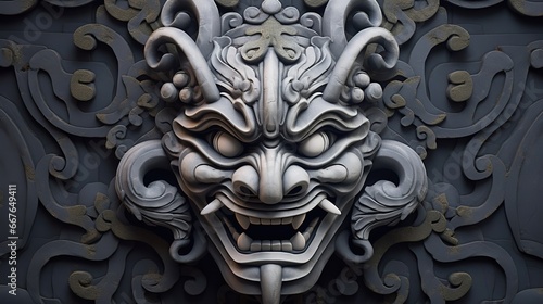 Mysterious Chinese face on a wall sculpture, Created with Generative Ai technology.