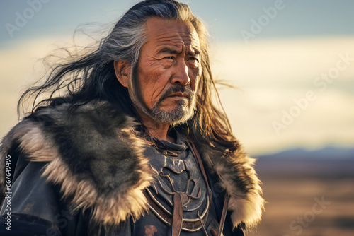 An old Mongol warrior in the mongolian steppe photo