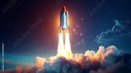 Rocket launching into the night sky with stars and smoke. Creative concept of space exploration and travel. Copy space for text and design.