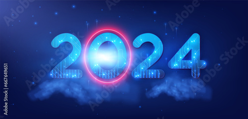 Stunning figures of 2024  illuminated with bright neon blue and pink shades  with digital circuits and celestial elements. Blue modern banner 2024 Happy New Year in futuristic style. Vector