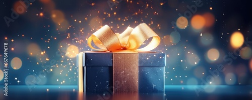 Perfect present gift in style of box with christmas bokeh lights, panorama. Generative Ai photo