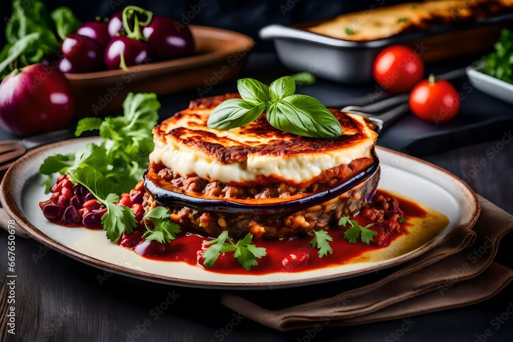 the artistry of a beautifully plated moussaka, with layers of eggplant, meat, and creamy béchamel sauce the artistry of a beautifully plated moussaka, with layers of eggplant, meat, and creamy béchamel sauce