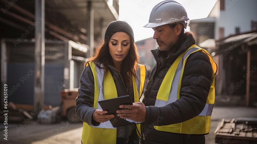 Woman engineer and construction worker collaborating on building project using tablet device Woman engineer and construction worker collaborating on building project using tablet device