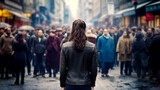 A woman walks down the street with people. AI Generated