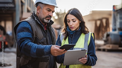Woman engineer and construction worker collaborating on building project using tablet device