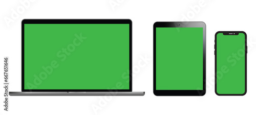 realistic design of Laptop, tablet and smartphone with green screen vector stock