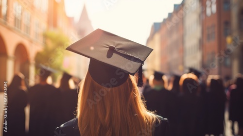 Back view of young woman wearing cap and gown in graduate ceremony  photo