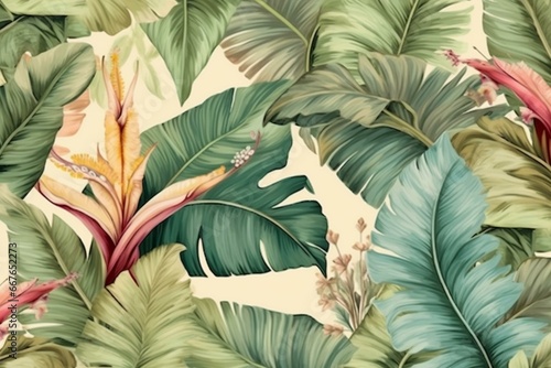 Luxurious tropical pattern with pastel banana leaves, palm, and colocasia. Hand-drawn vintage design for wallpapers, fabric, and murals. Generative AI
