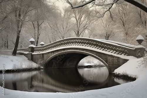 Bridge winter scene at Central Park, NYC. Generative AI photo