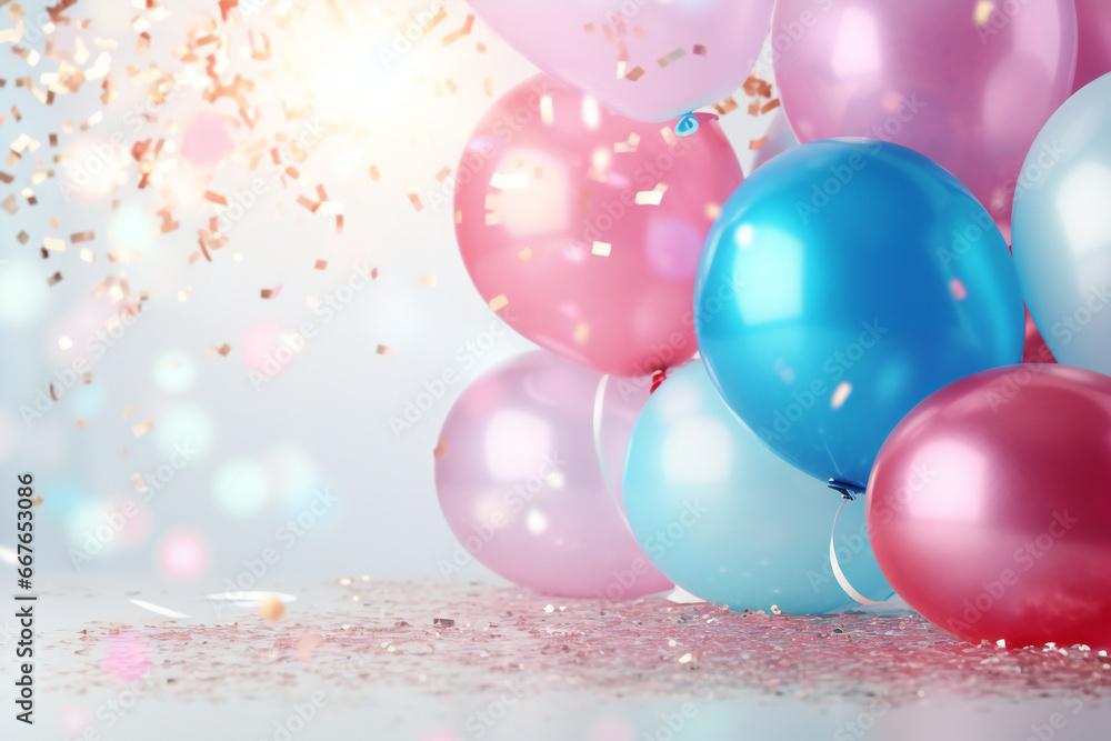 Baby gender reveal party: pink and blue balloons border with confetti and bokeh, festive
