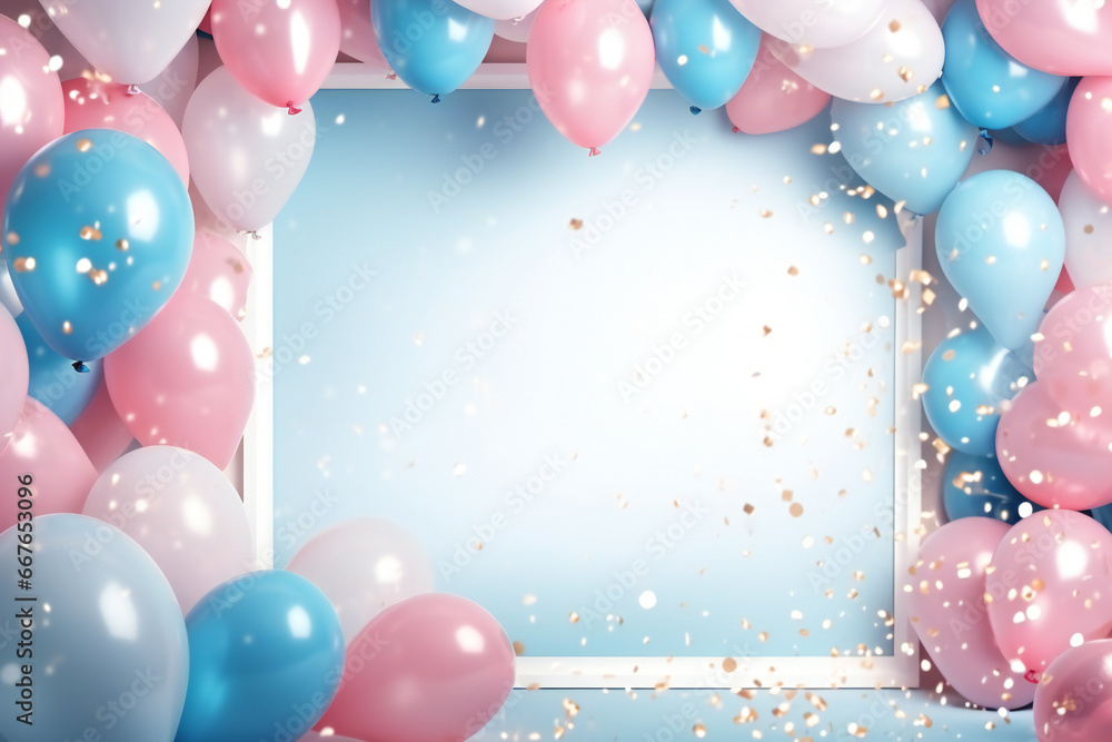 Baby gender reveal party: pink and blue balloons frame with confetti, festive