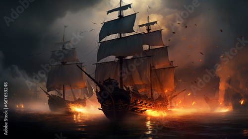 fighting pirates ship on the sea photo