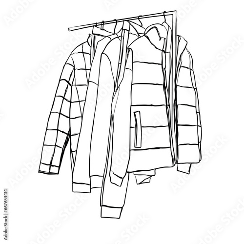 Hand drawn wardrobe sketch. Clothes on the hanger