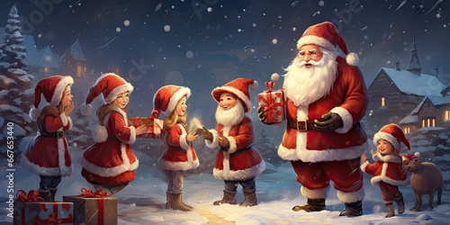 Santa Claus party with children and a snowman on Christmas day outside filled with snow and gift boxes by Generative AI