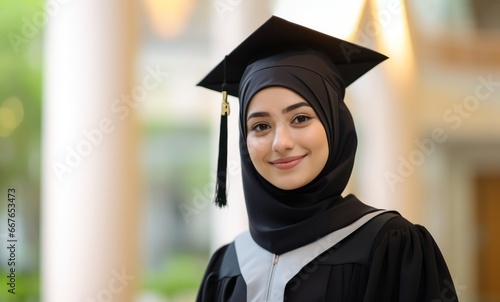 College graduation portrait of muslim woman with education certificate, learning success and university achievement. Islamic student or young hijab person and study diploma at campus, park or outdoor photo