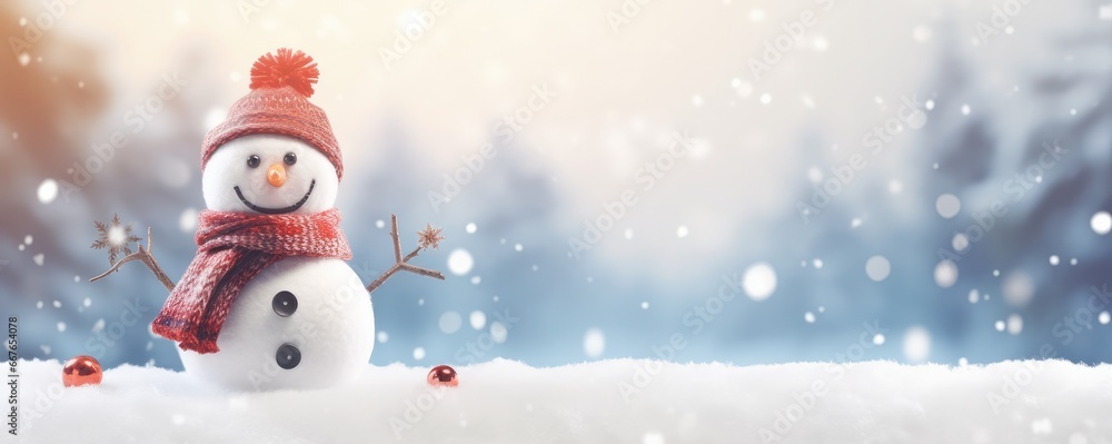 Happy smilling snowman with white snowing winter ladscape, panorama banner. Generative Ai.