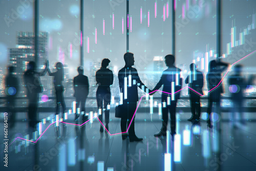 Businesspeople silhouettes on blurry office interior backdrop with city view and forex chart. Teamwork, CEO, success and finance concept. Double exposure.
