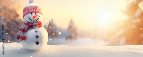 Happy smilling snowman with white snowing winter ladscape, panorama banner. Generative Ai. © annamaria