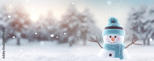 Happy smilling snowman with white snowing winter ladscape, panorama banner. Generative Ai. © annamaria