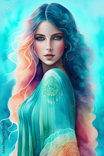 A Stunning Sea Witch with an Oceanic Background - Turquoise Aqua Illustration