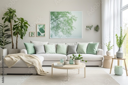 White living room with green plants. Room with table and white couch.