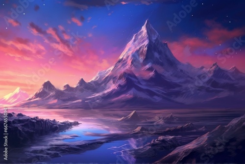 Serenity: Moonlit snowy mountain under pink dawn sky. Generative AI