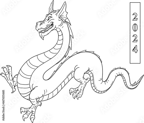 Year of the Dragon in the Chinese Calendar, line-art for coloring