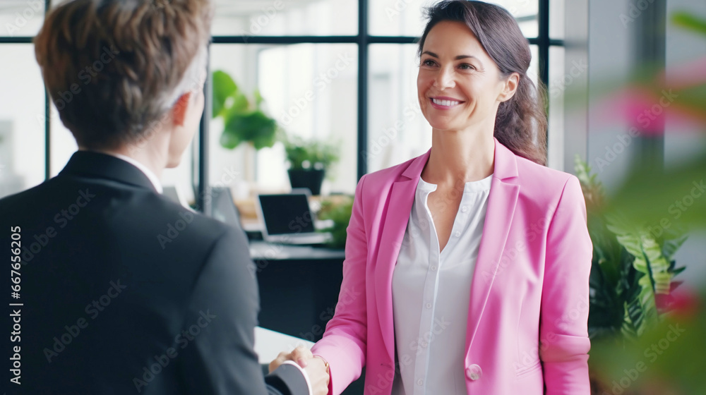 Happy business woman handshaking greeting client in office Happy business woman handshaking greeting client in office